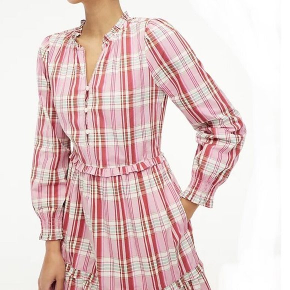 NWT J. Crew Plaid Mini Dress with Ruffle Trim in Sweet Briar Marine Salt Pink - Picture 2 of 8